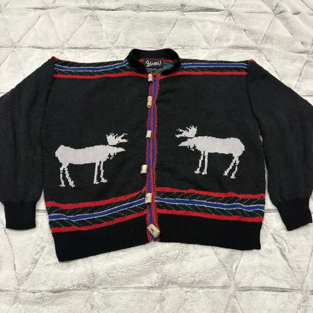 Vintage Felizzi Button Reindeer Cotton Sz Small Sweater Holiday Knit Grannycore